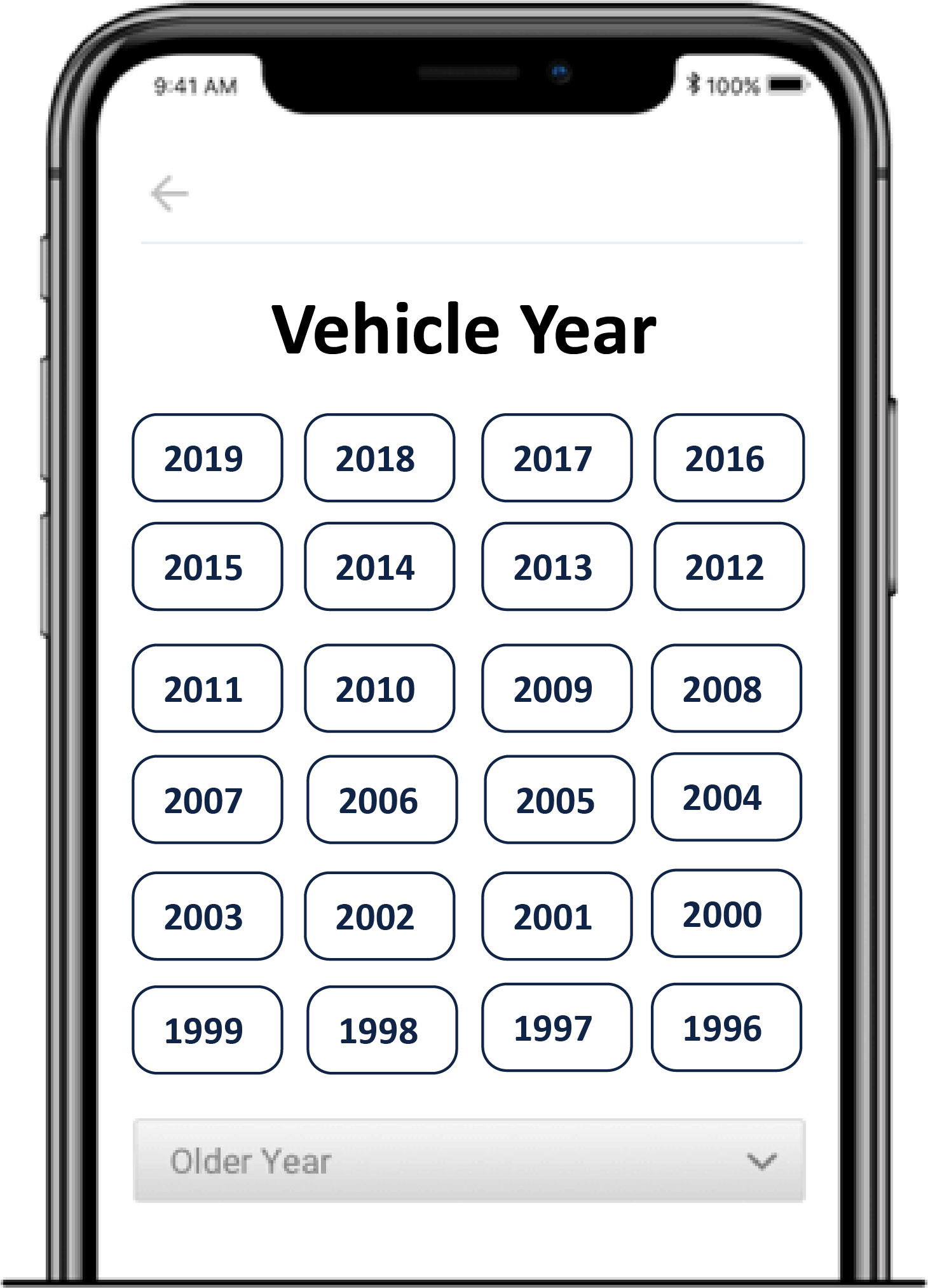 A phone screen showing options select years from 1996 to 2019